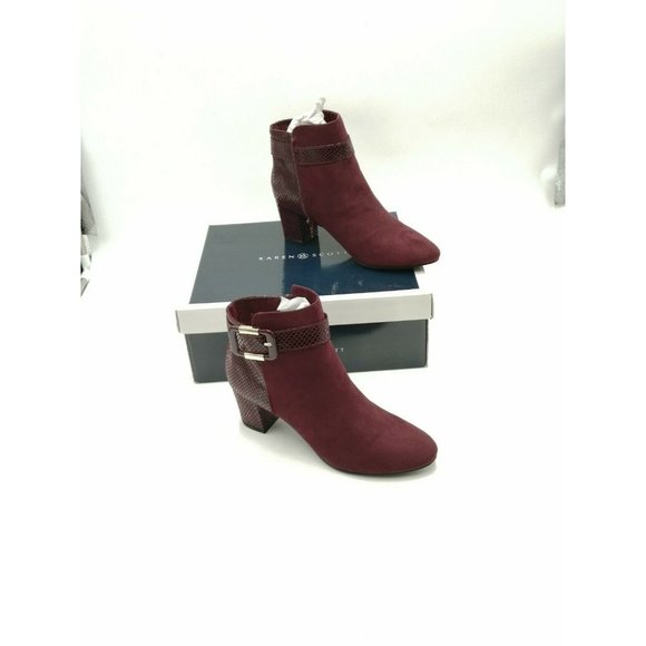 Karen Scott Shoes - Karen Scott Ivyy Mixed Media Almond Toe Booties Wine Red Women's US 7.5M